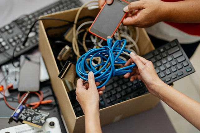 A cardboard box filled with computer equipment.